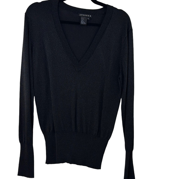 SPANNER Black V-Neck Metallic Sweater Lightweight Knit - Picture 1 of 11